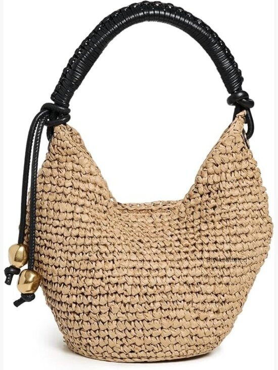 Handbags - Woven Straw Mini Shoulder Pouch - Gold Tone Beads